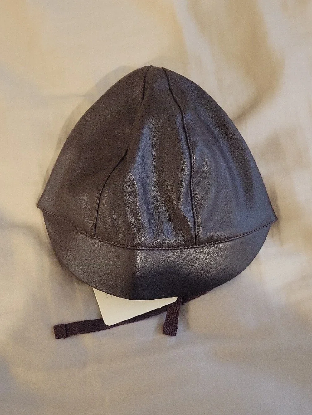 Kids Dark Brown Faux Leather Cap with Chin Ties, Size 18M
